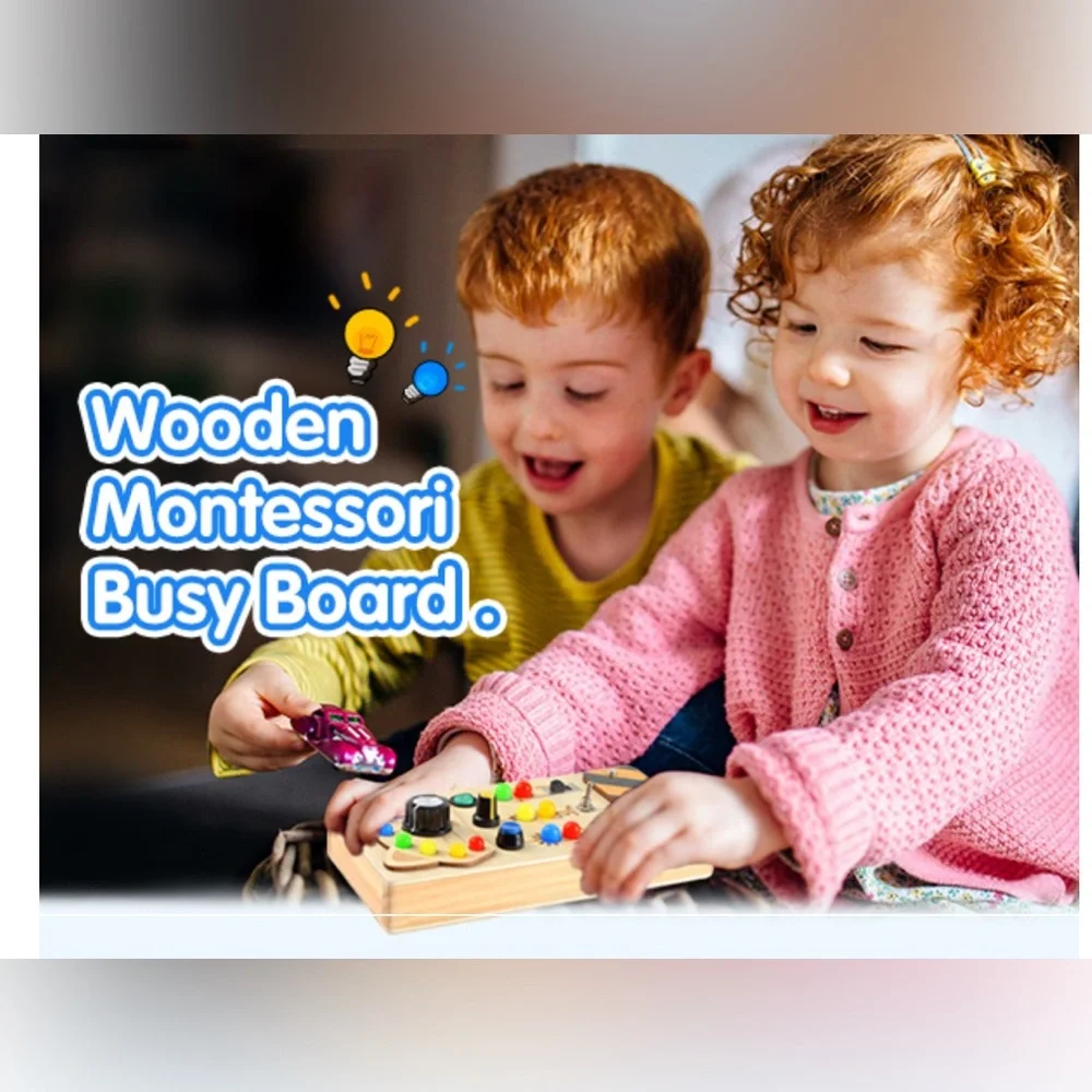 Toddler Montessori Travel Toys - Wooden Busy Board with LED Light,Switch…